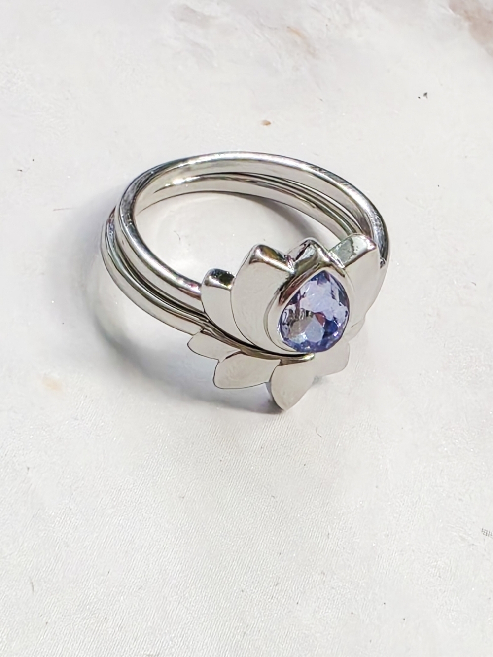 Boho Silvery Lotus Flower Ring Set | Blue Water Drop Crystal Size 8 - Picture 4 of 12